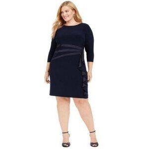 Jessica Howard Navy Ruffled Jewel Neck Sheath Dress Size 14W NWT